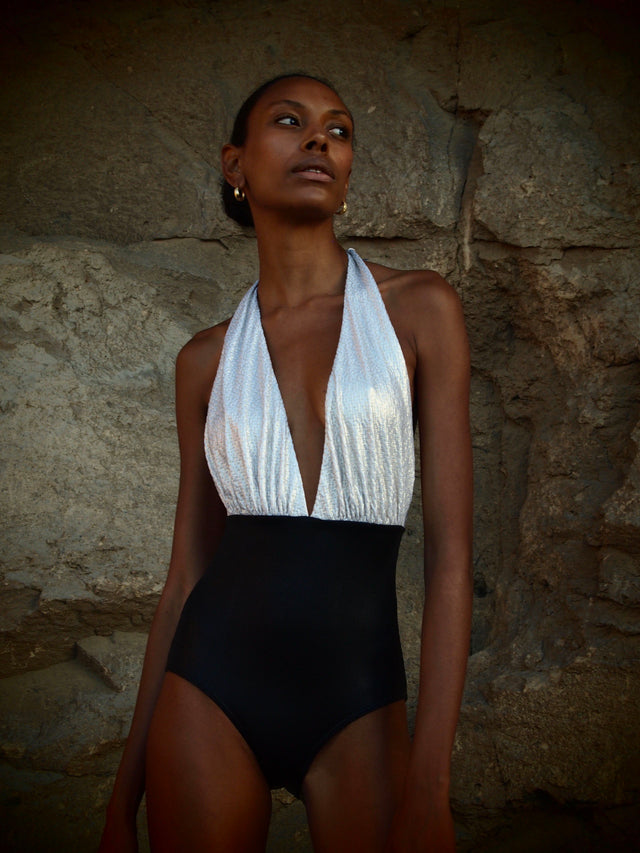 Marilyn Swimsuit in 2-tone Gold Texture and black Metallic