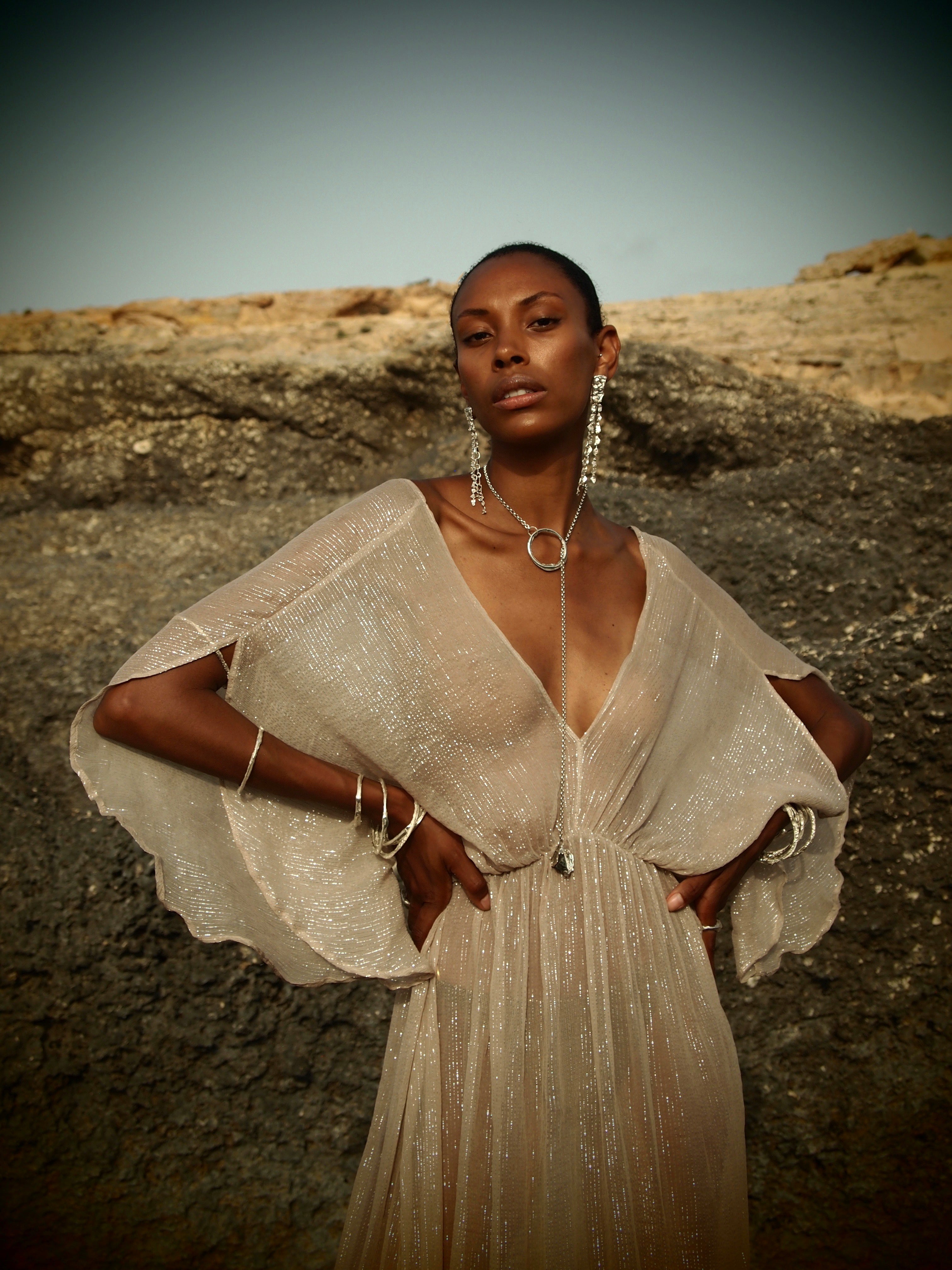100% Silk Silver nude Metallic Kaftan | Designer Resort Wear | MONA SWIMS