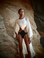 Kaia Cut-out Swimsuit in Gold and Black metallic textures