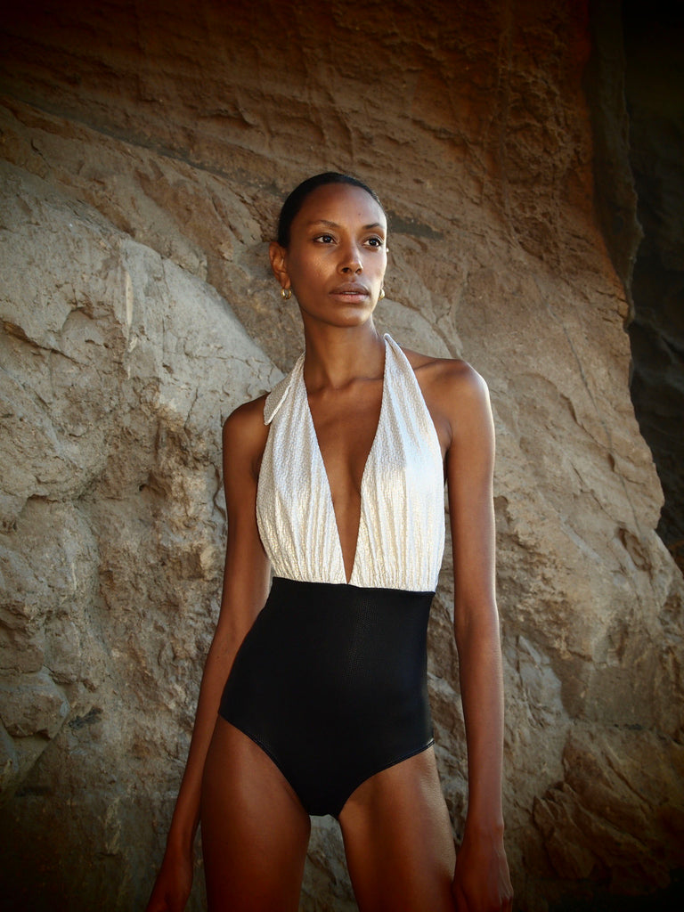 Marilyn Swimsuit in 2-tone Gold Texture and black Metallic