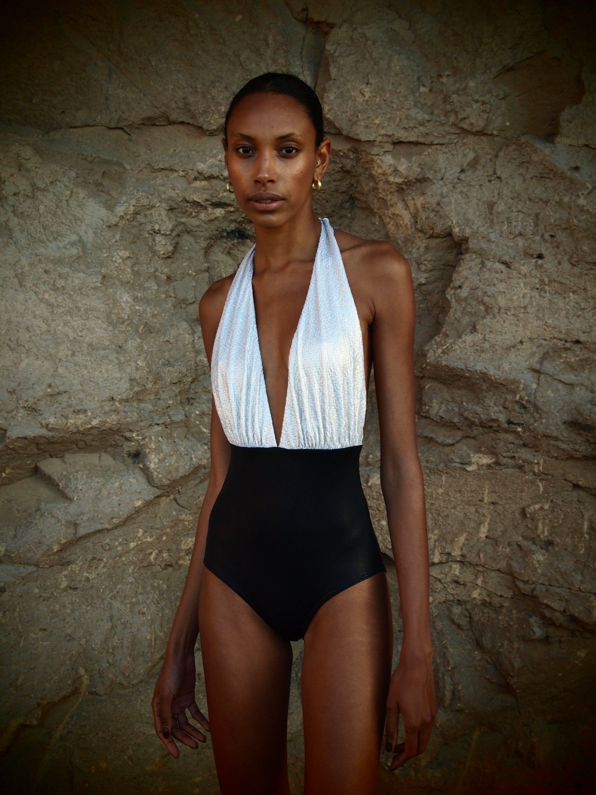 Marilyn Swimsuit in 2-tone Gold Texture and black Metallic