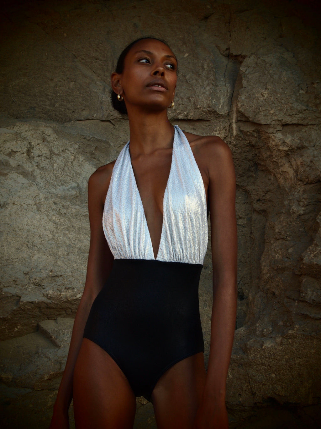Marilyn Swimsuit in 2-tone Gold Texture and black Metallic