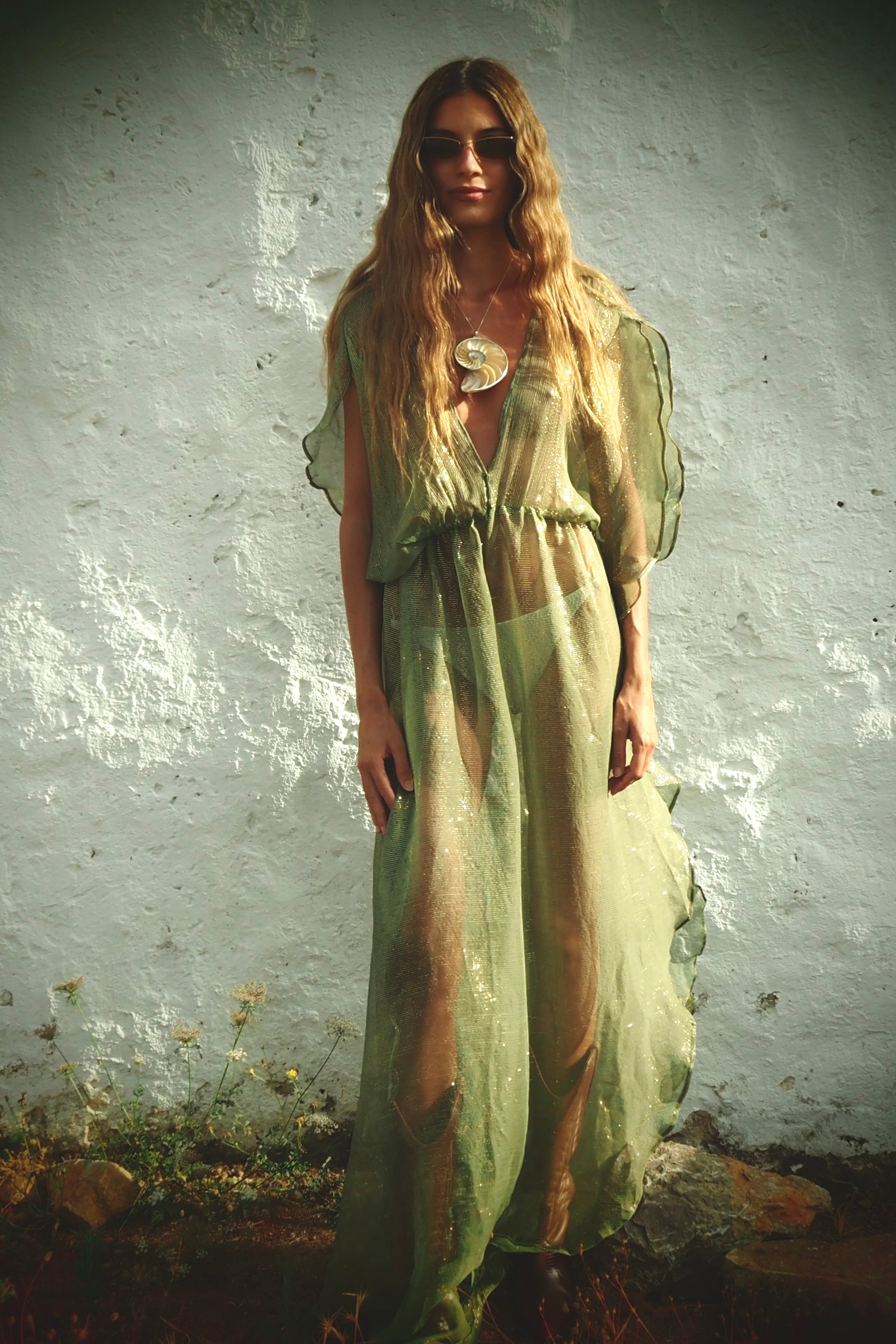 Metallic Venus Kaftan - Sage Green