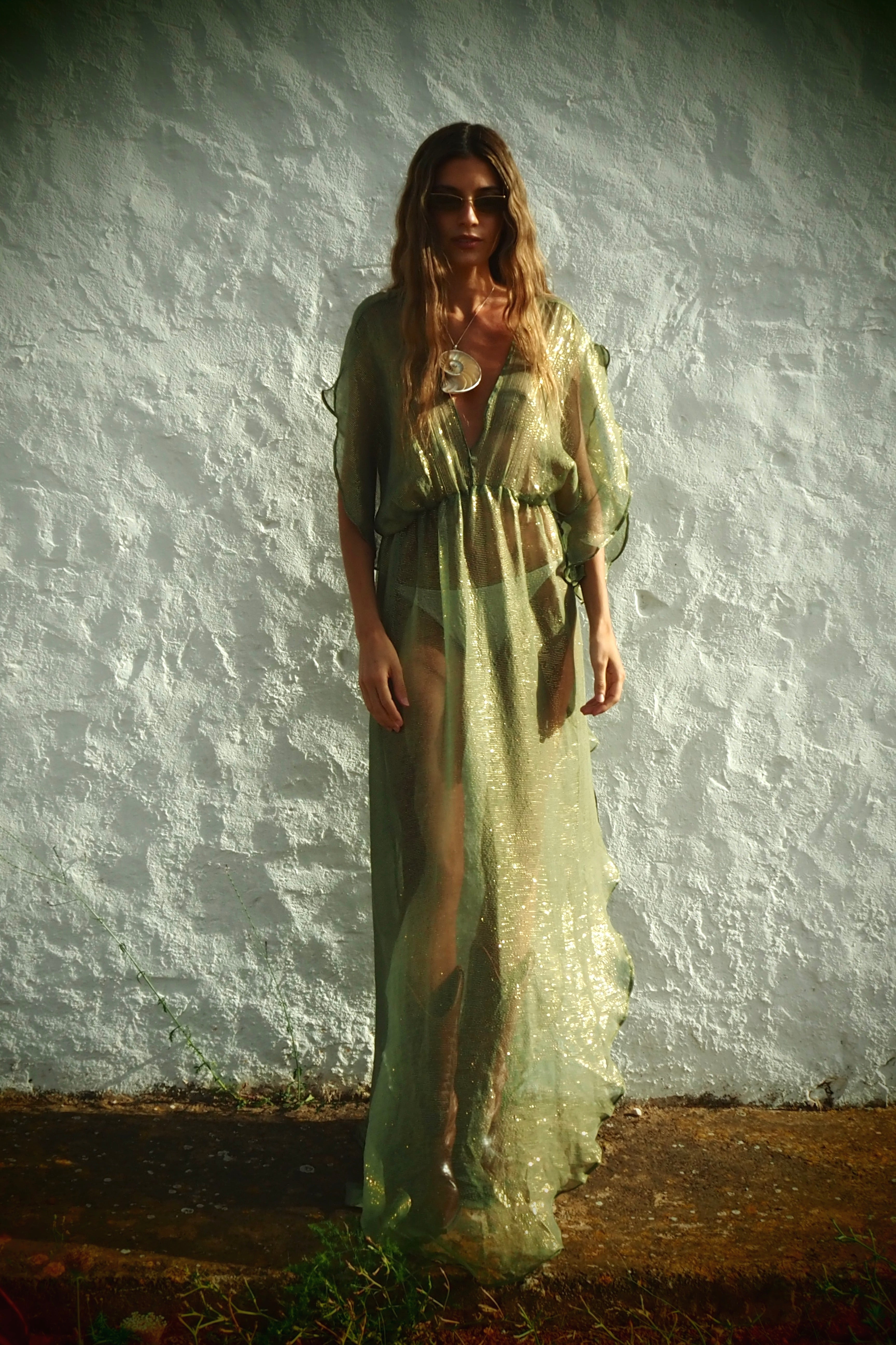 Metallic Venus Kaftan - Sage Green