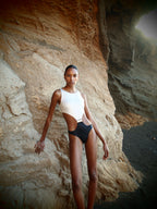 Kaia Cut-out Swimsuit in Gold and Black metallic textures