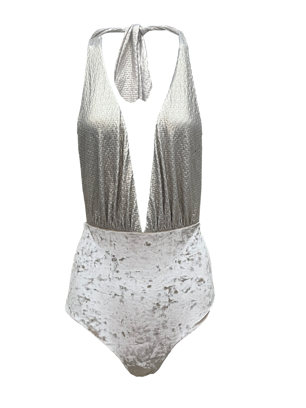Marilyn Swimsuit in Gold Texture and Oyster Crushed Velvet