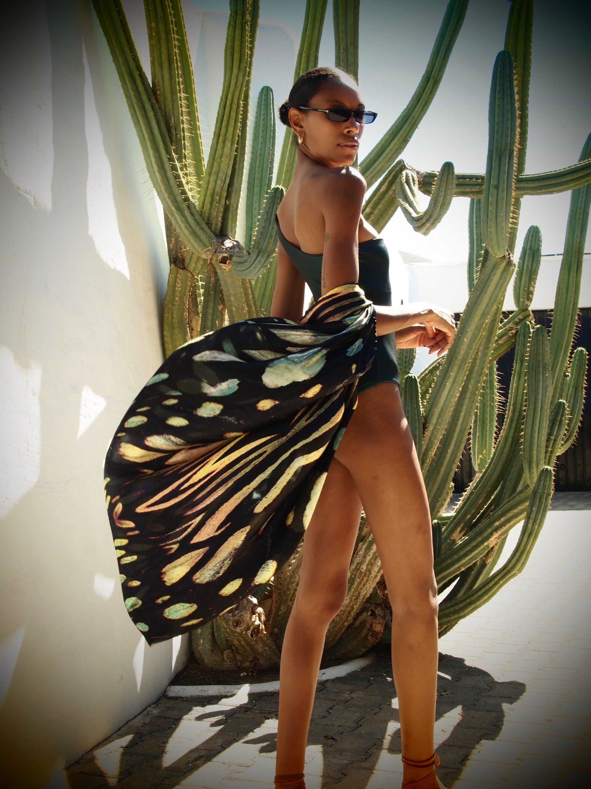 Mona Swims Obsidian Print Luxury Silk Cape & Green Ava Swimsuit