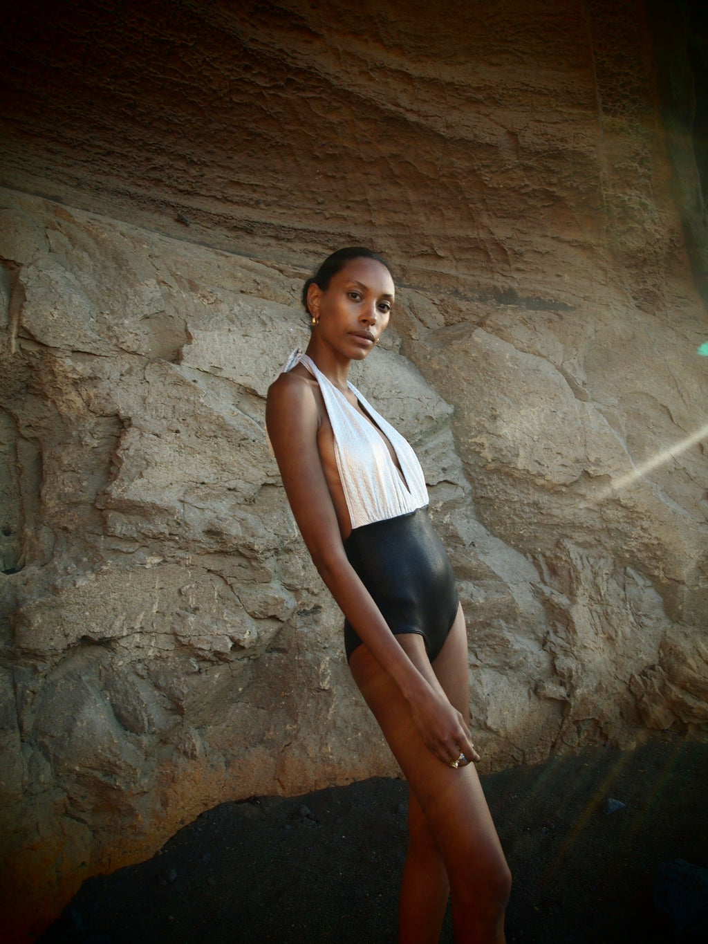 Marilyn Swimsuit in 2-tone Gold Texture and black Metallic