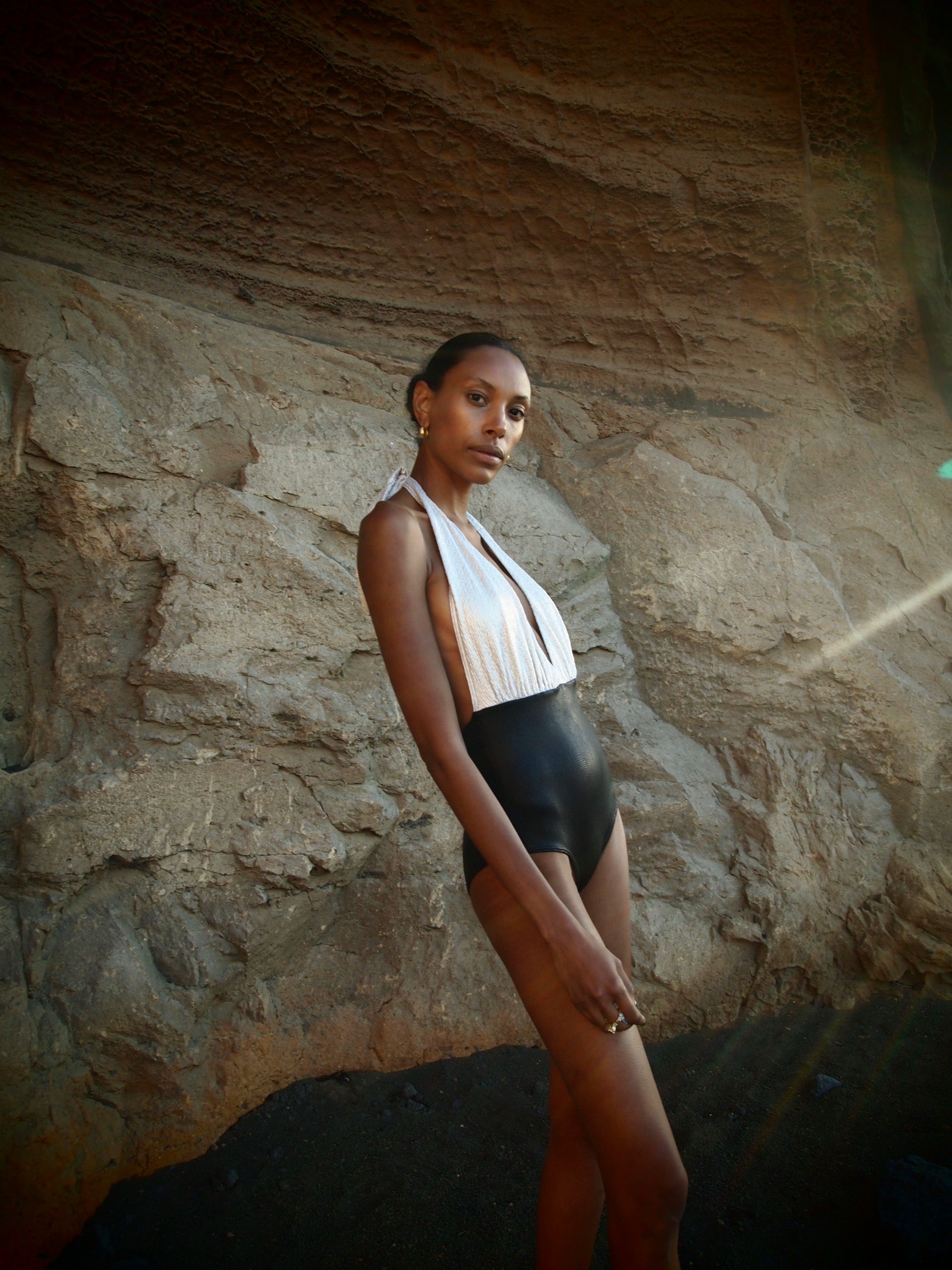 Marilyn Swimsuit in 2-tone Gold Texture and black Metallic