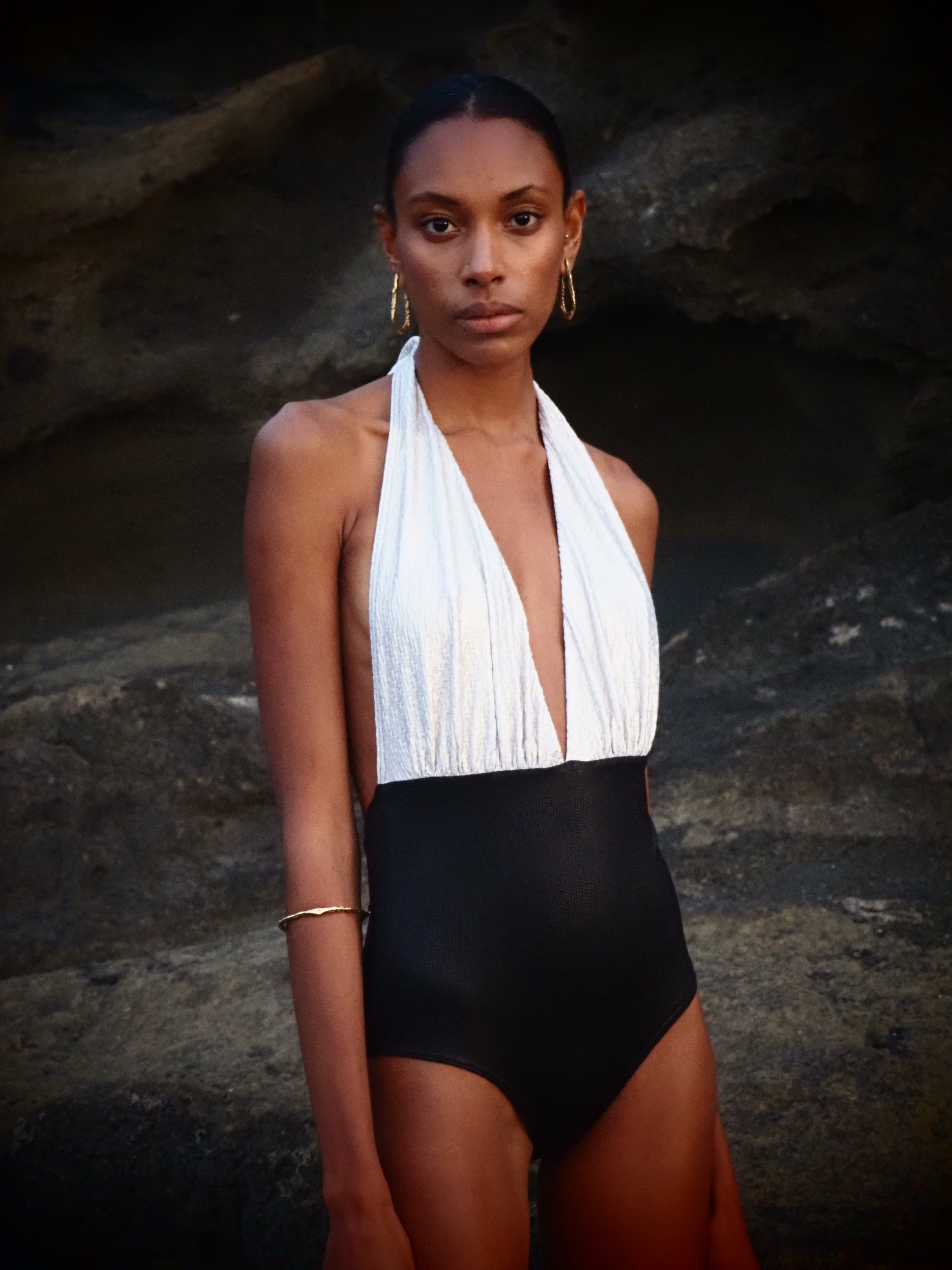 Marilyn Swimsuit in 2-tone Gold Texture and black Metallic